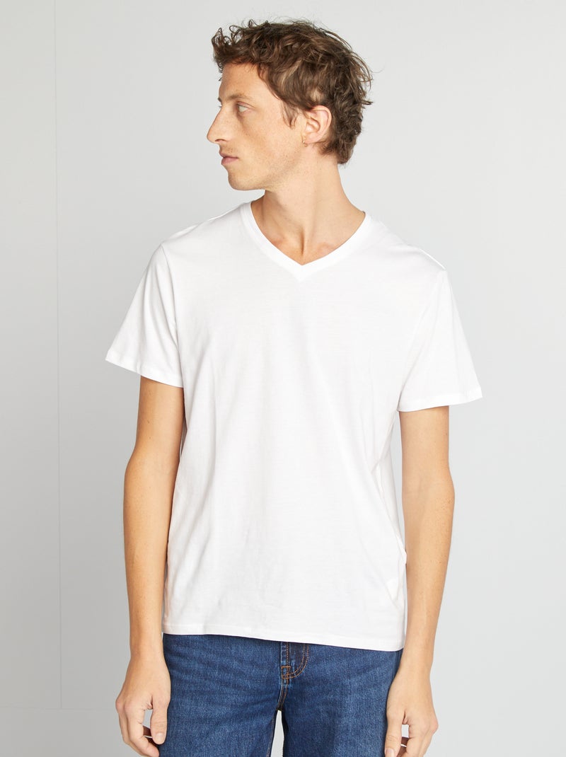 T-shirt homme uni en coton à col V Blanc - Kiabi