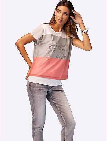 T shirt imprimé 2 en 1 avec col rond et inscription - Taille standard - Helline