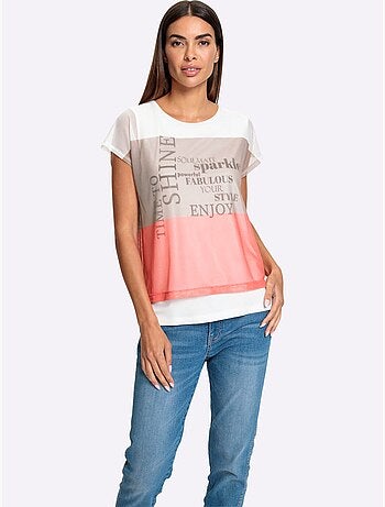 T shirt imprimé 2 en 1 avec col rond et inscription - Taille standard - Helline