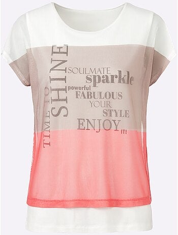 T shirt imprimé 2 en 1 avec col rond et inscription - Taille standard - Helline
