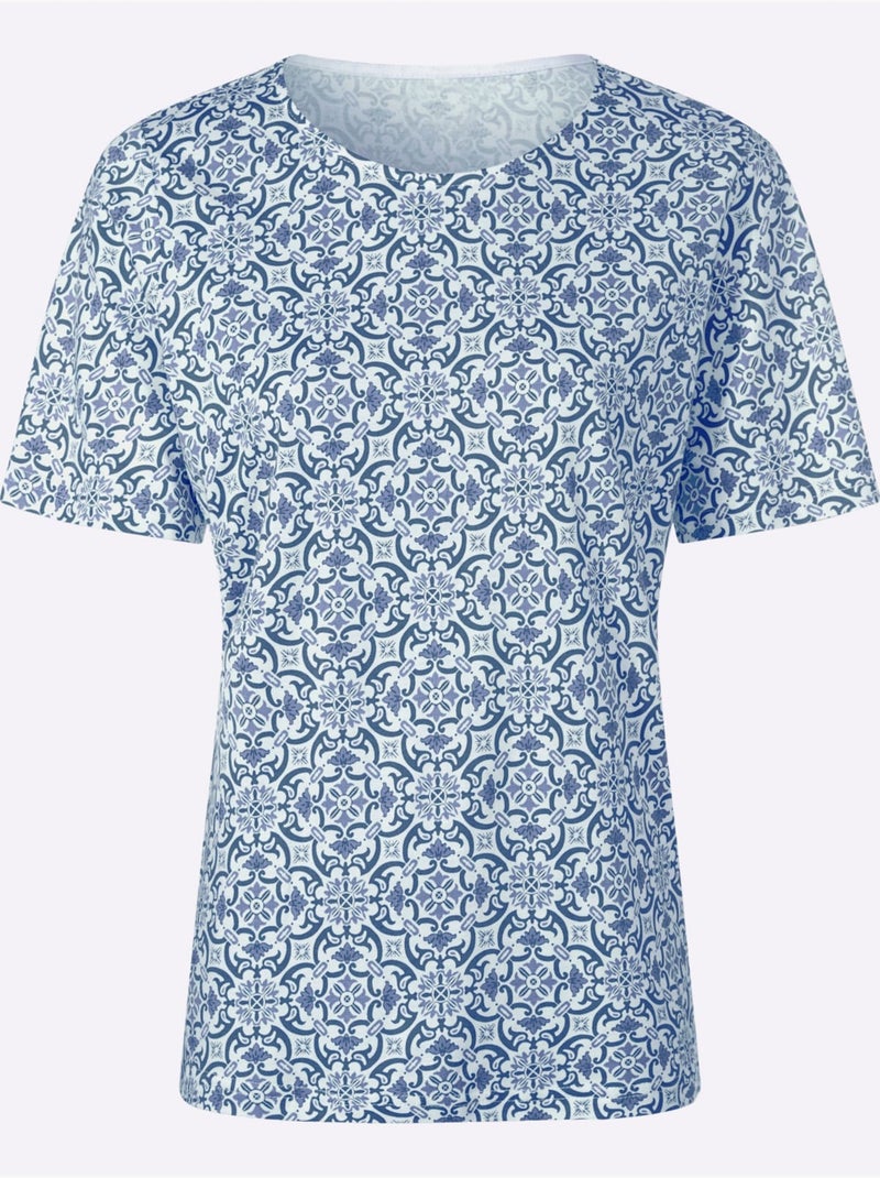 T-shirt Imprimé 50% Coton Et 50% Modal - Taille Standard - Witt Bleu Ecru - Kiabi