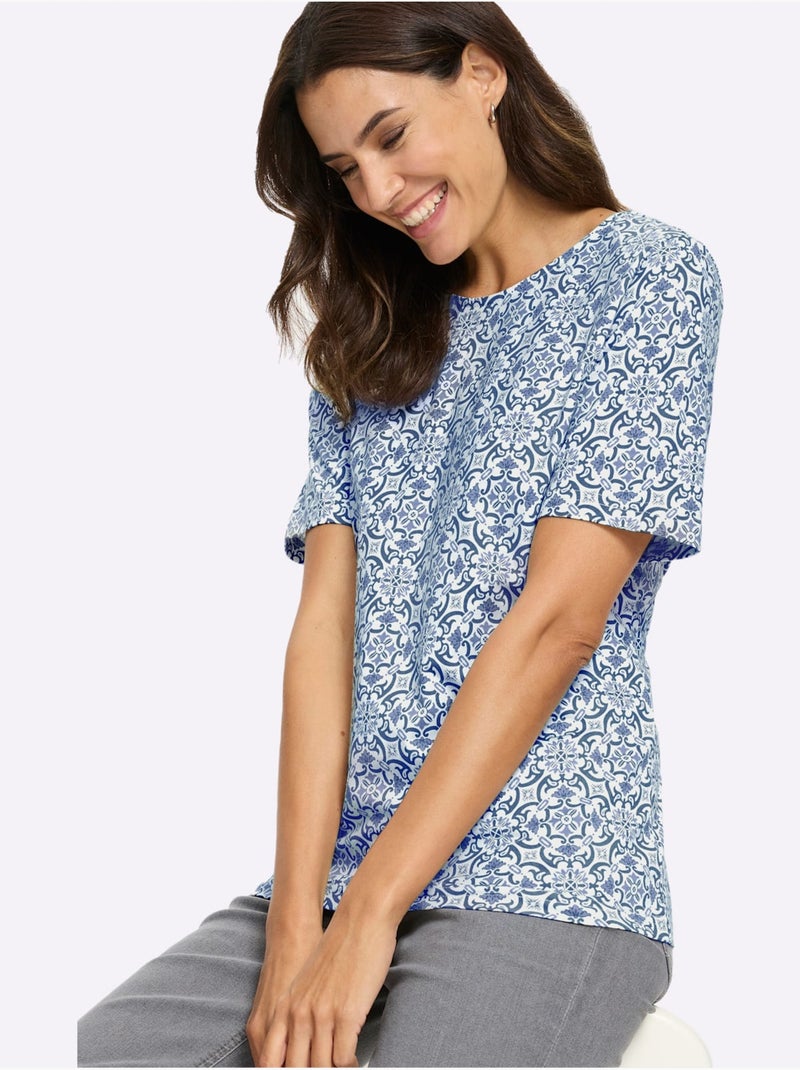 T-shirt Imprimé 50% Coton Et 50% Modal - Taille Standard - Witt Bleu Ecru - Kiabi