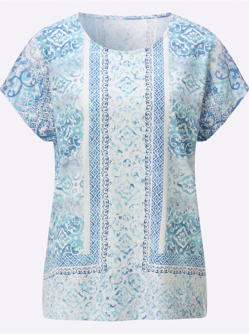 T-shirt Imprimé 50% Modal - Taille Standard - Witt Bleu Ecru - Kiabi