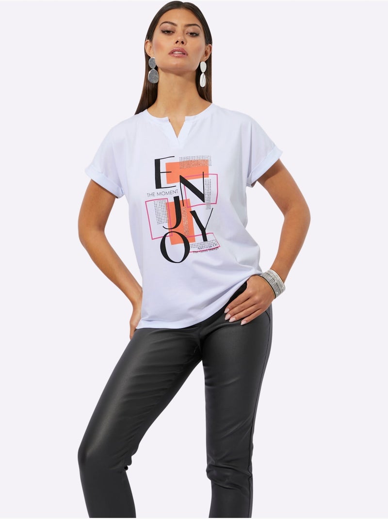 T-shirt Imprimé 95% Coton - Taille Standard - Helline Blanc Orange - Kiabi