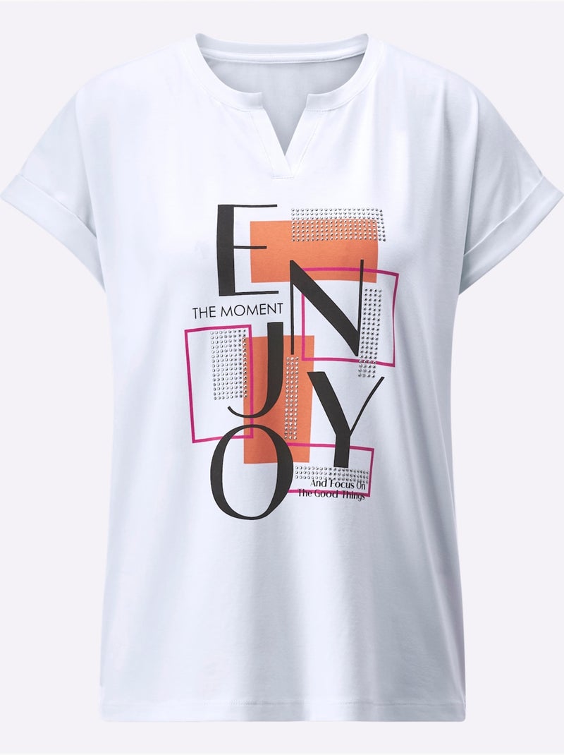 T-shirt Imprimé 95% Coton - Taille Standard - Helline Blanc Orange - Kiabi