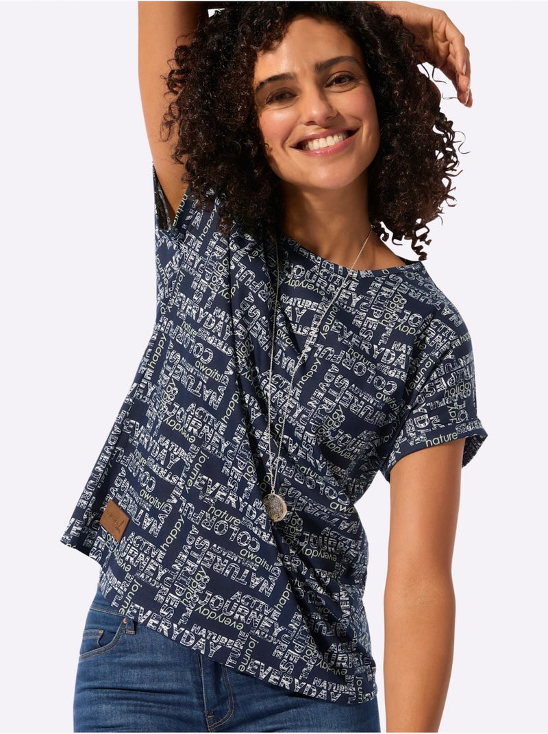 T-shirt imprimé à encolure ronde et mancherons décontractés - Taille standard - Witt Ecru/Marine - Kiabi