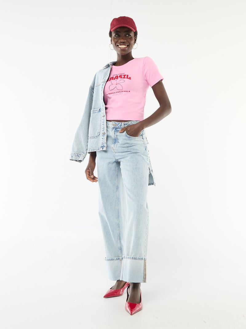 T-shirt imprimé à manches courtes à motif Rose - Kiabi
