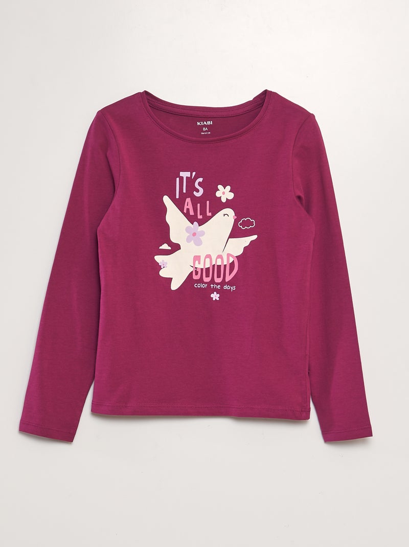T-shirt imprimé à manches longues Rose foncé 'oiseau' - Kiabi