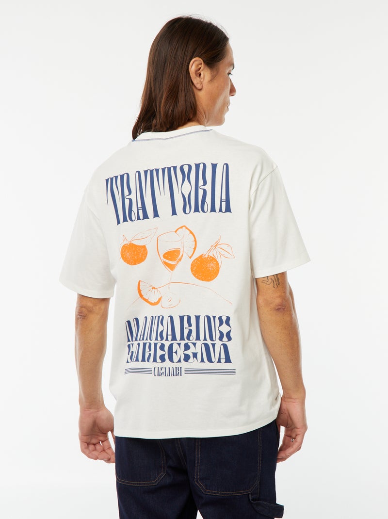 T-shirt imprimé avec broderie poitrine et imprimé au dos Blanc - Kiabi