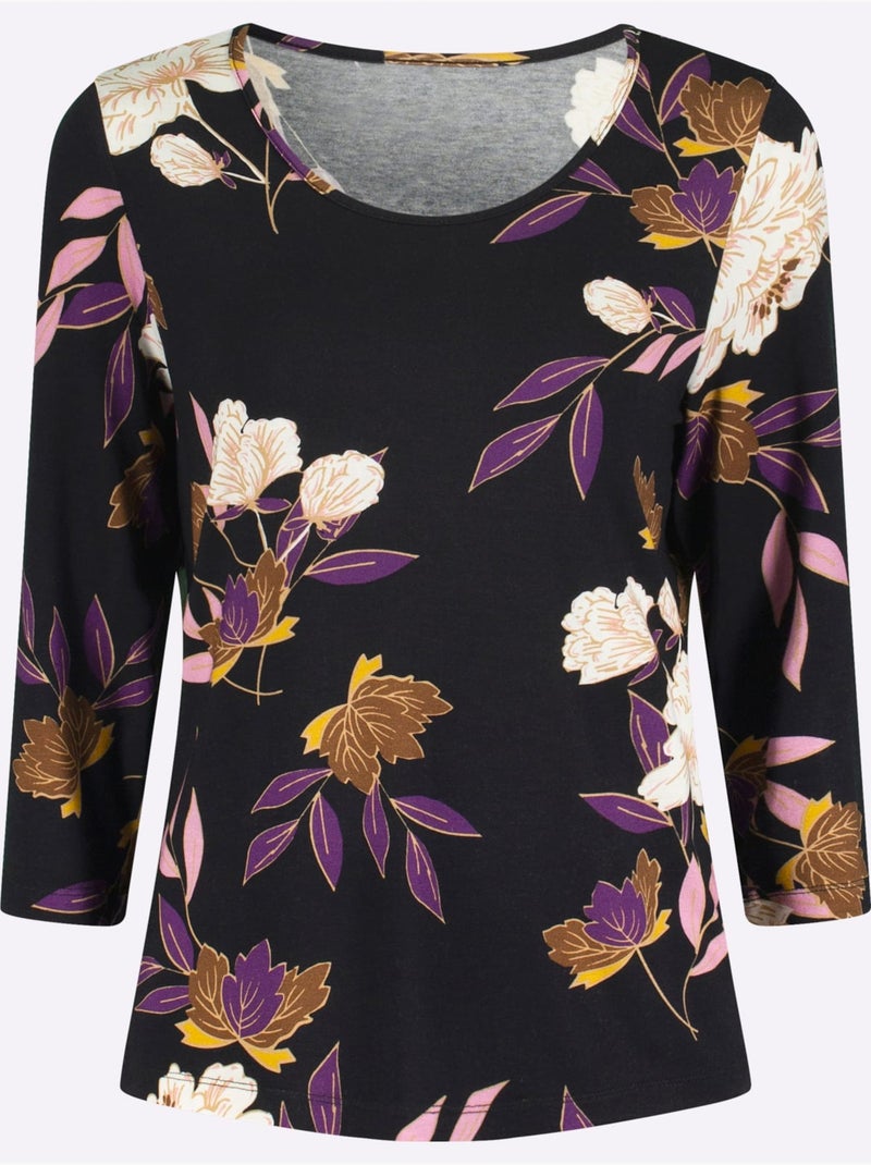 T-shirt imprimé avec col rond et manches 3/4 en viscose douce - taille standard - witt Jaune / Violet - Kiabi