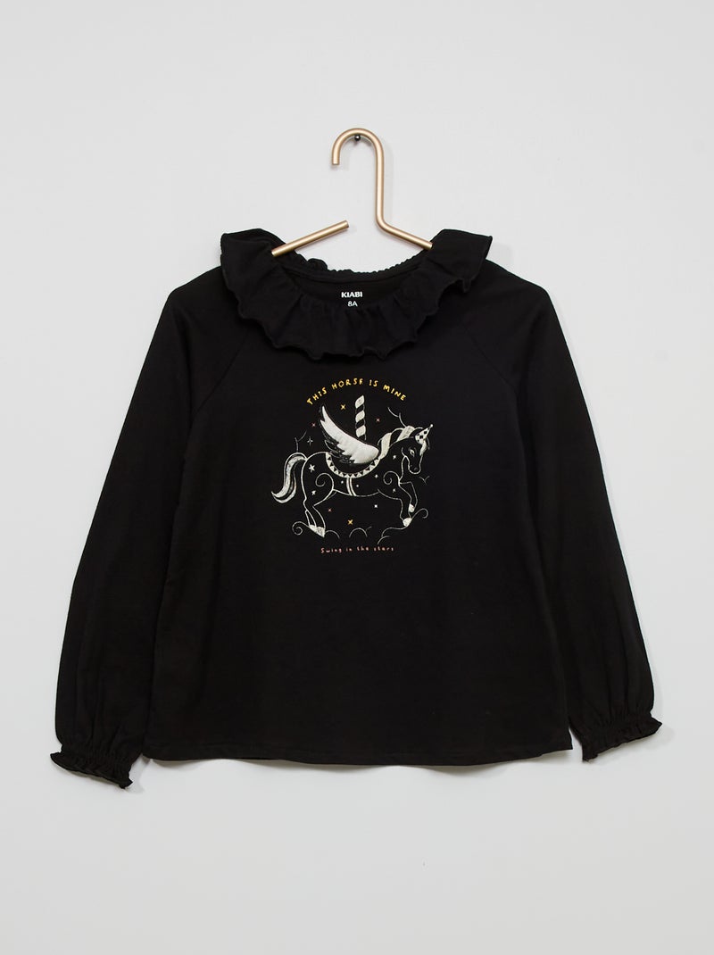 T-shirt imprimé avec collerette noir - Kiabi