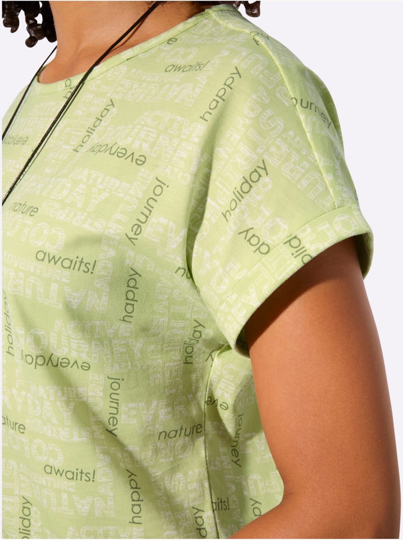 T-shirt imprimé en coton avec encolure ronde et mancherons décontractés - Taille standard - Witt Pistache - Kiabi