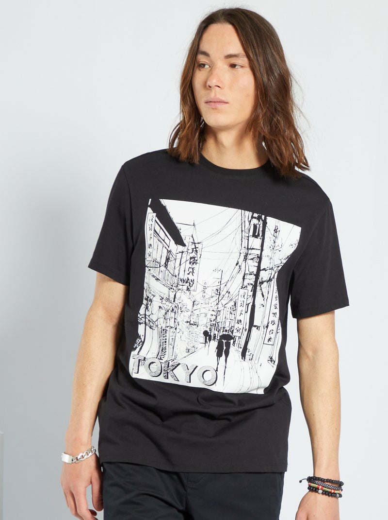 T-shirt imprimé en jersey 'Tokyo' noir - Kiabi
