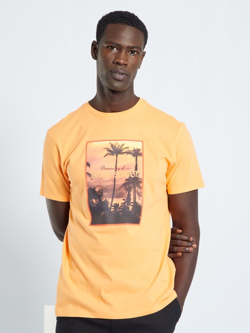 T-shirt imprimé fantaisie à col rond Orange - Kiabi