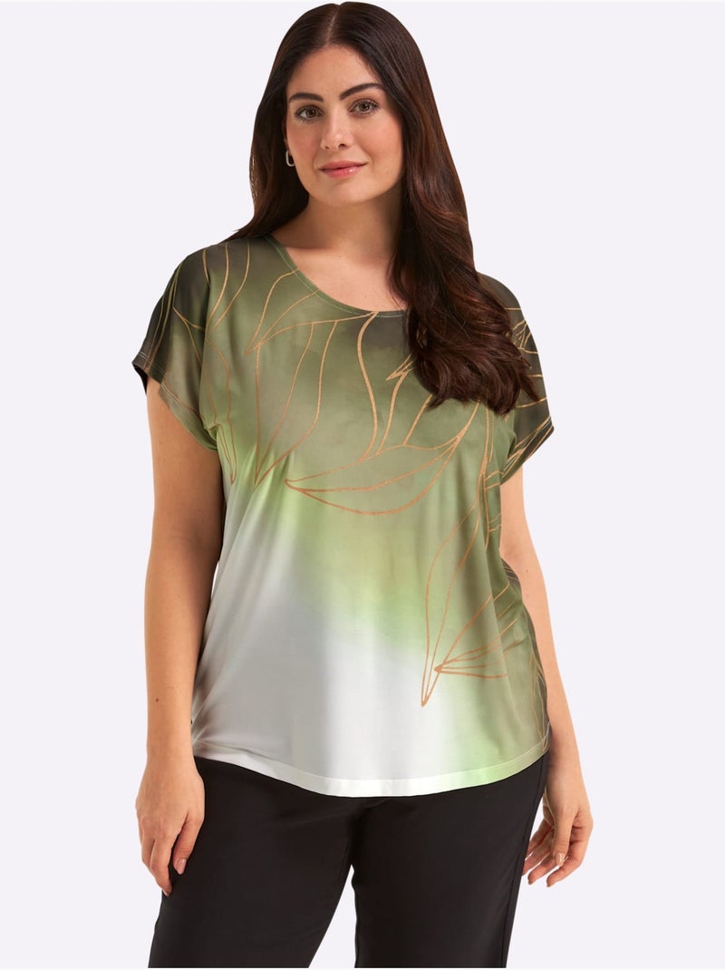 T shirt imprimé feuille encolure ronde et manches courtes - taille standard - witt Noir Vert - Kiabi