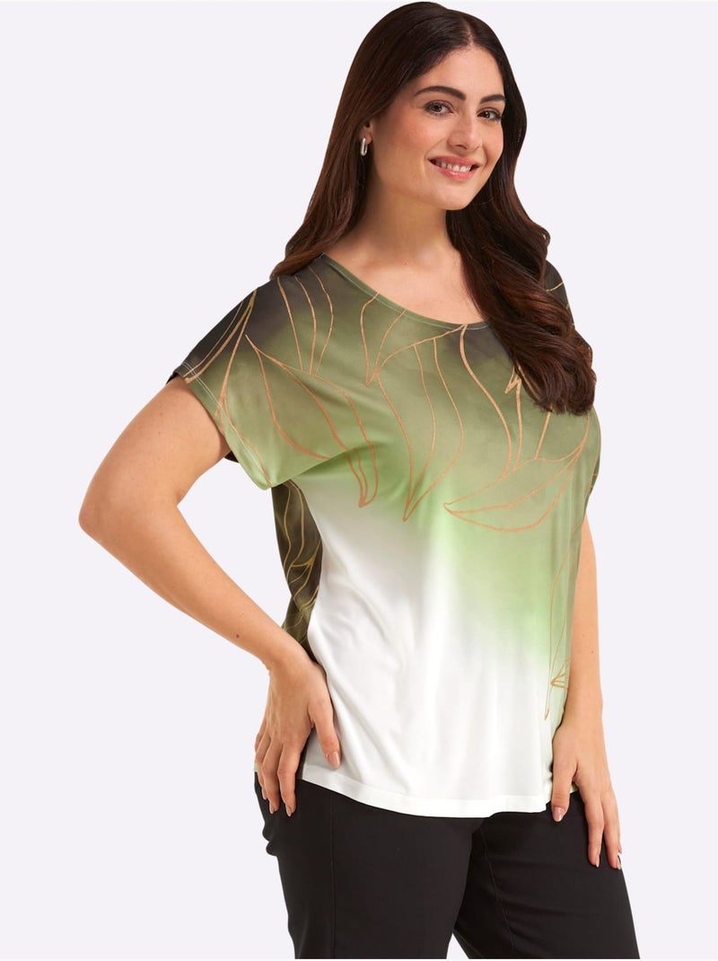 T shirt imprimé feuille encolure ronde et manches courtes - taille standard - witt Noir Vert - Kiabi