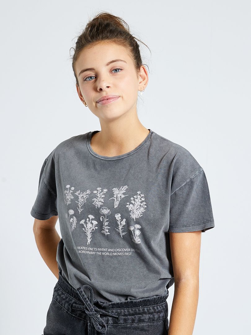 T-shirt imprimé 'fleurs' gris - Kiabi