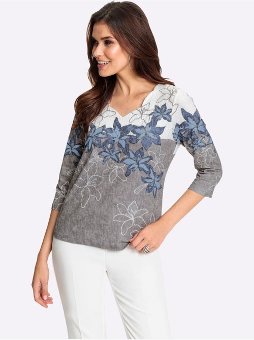 T shirt imprimé floral col V et manches 3/4 entretien facile - Taille standard - Witt - Kiabi
