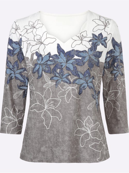 T shirt imprimé floral col V et manches 3/4 entretien facile - Taille standard - Witt - Kiabi