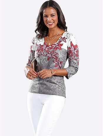 T shirt imprimé floral col V et manches 3/4 entretien facile - Taille standard - Witt