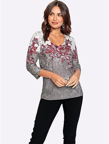 T shirt imprimé floral col V et manches 3/4 entretien facile - Taille standard - Witt