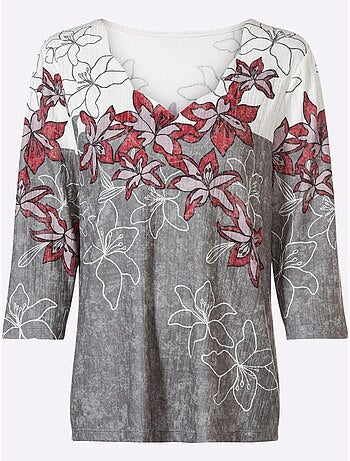 T shirt imprimé floral col V et manches 3/4 entretien facile - Taille standard - Witt