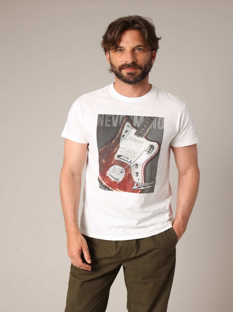 T-shirt  imprimé guitare vintage, esprit rock'n'roll en 100 % coton. 'Deeluxe' Ecru - Kiabi