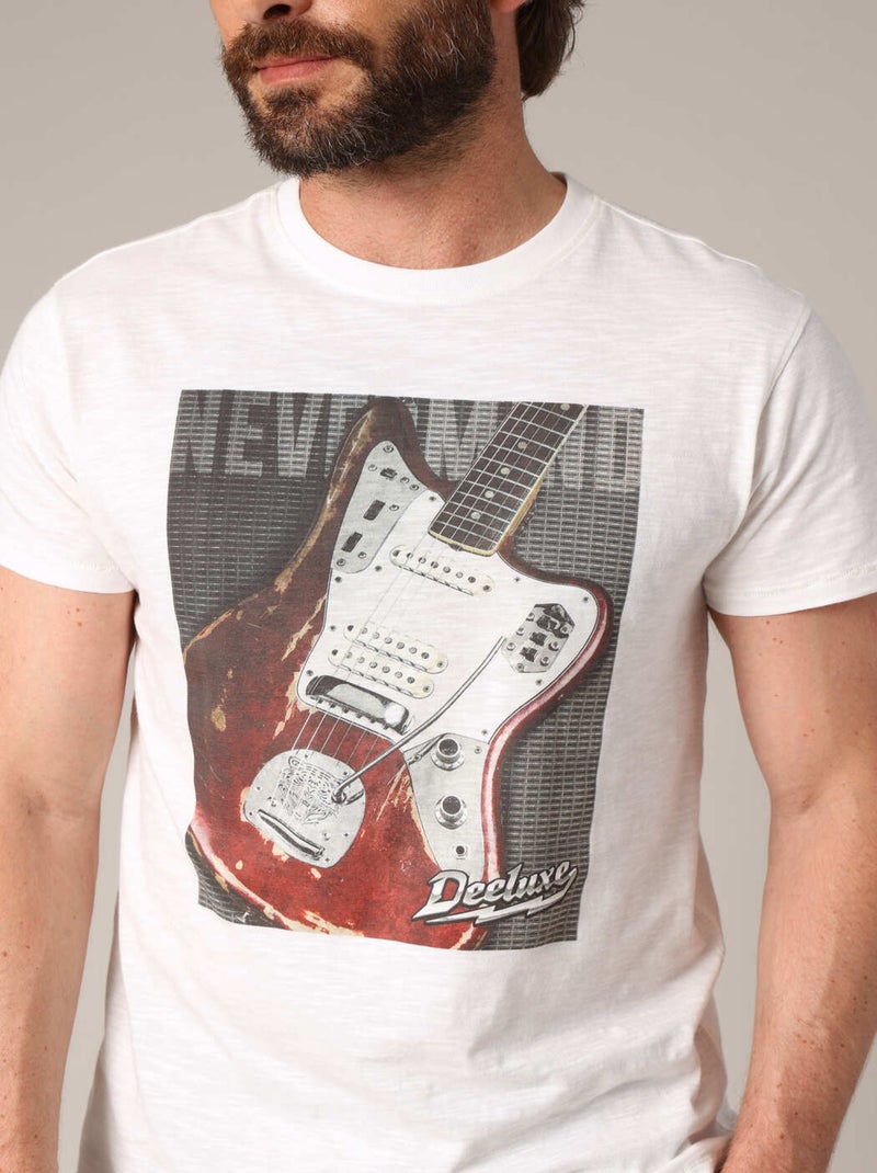 T-shirt imprimé guitare vintage, style rock'n'roll, 100% coton. 'Deeluxe' Ecru - Kiabi