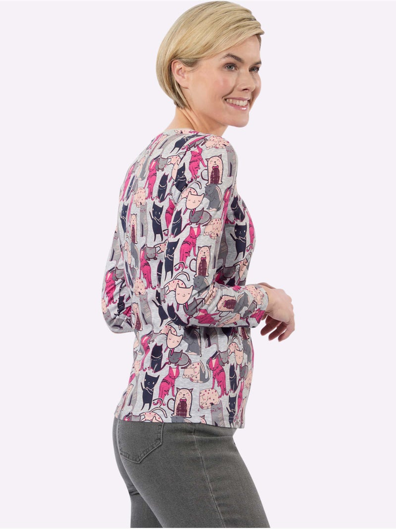 T-shirt Imprimé Jolie Forme De Chat - Taille Standard - Witt Gris Mauve - Kiabi