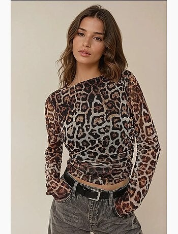 T-shirt imprimé léopard col bateau drapé manches longues hiccup