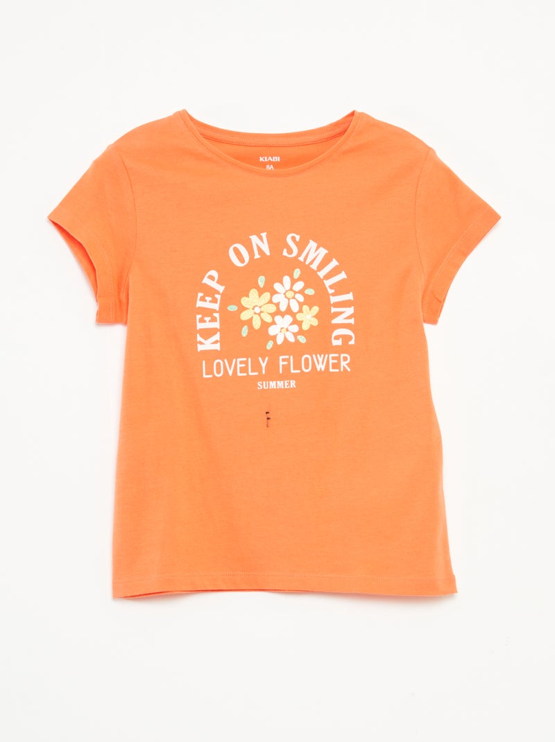 T-shirt imprimé manches courtes et col rond Orange - Kiabi