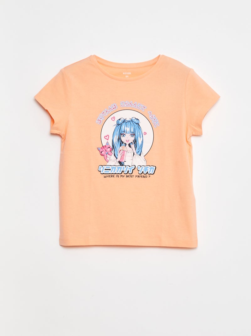 T-shirt imprimé manches courtes et col rond Orange - Kiabi
