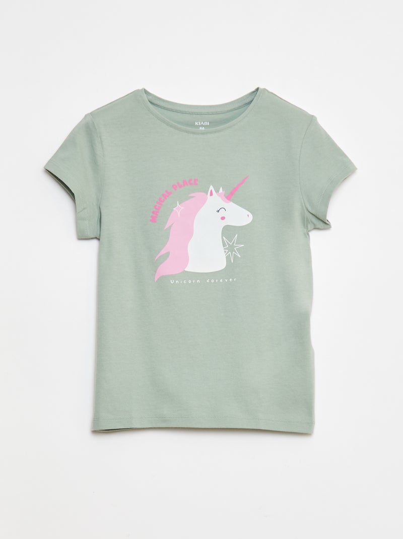T-shirt imprimé manches courtes et col rond Vert - Kiabi