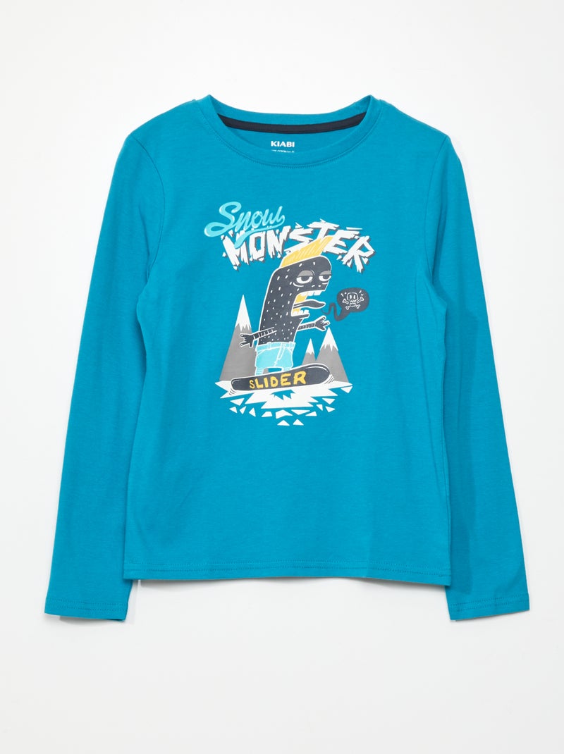 T-shirt imprimé manches longues Bleu - Kiabi