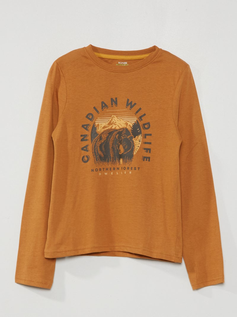 T-shirt imprimé manches longues Marron - Kiabi