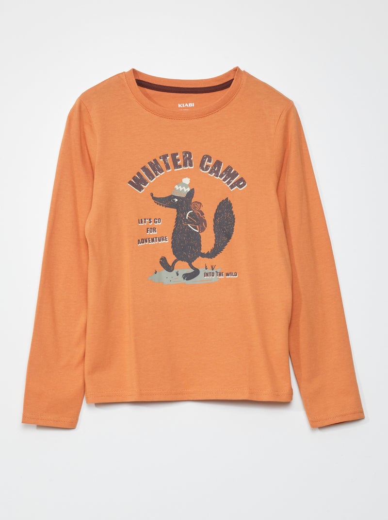 T-shirt imprimé manches longues Orange - Kiabi