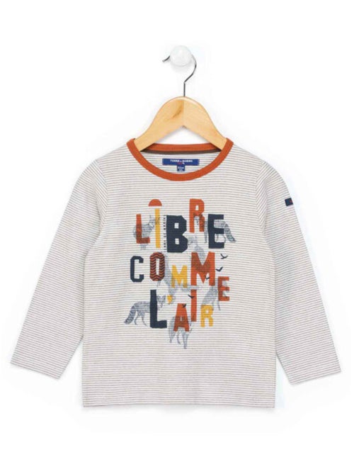T-shirt imprimé manches longues rayé marron Garçon - Kiabi