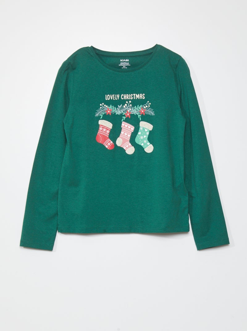 T-shirt imprimé manches longues Vert - Kiabi