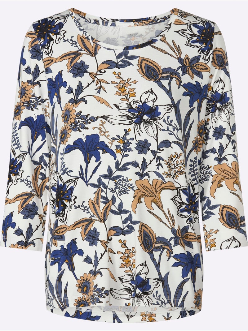 T-shirt Imprimé Motif Floral - Taille Standard - Witt Bleu Ecru - Kiabi
