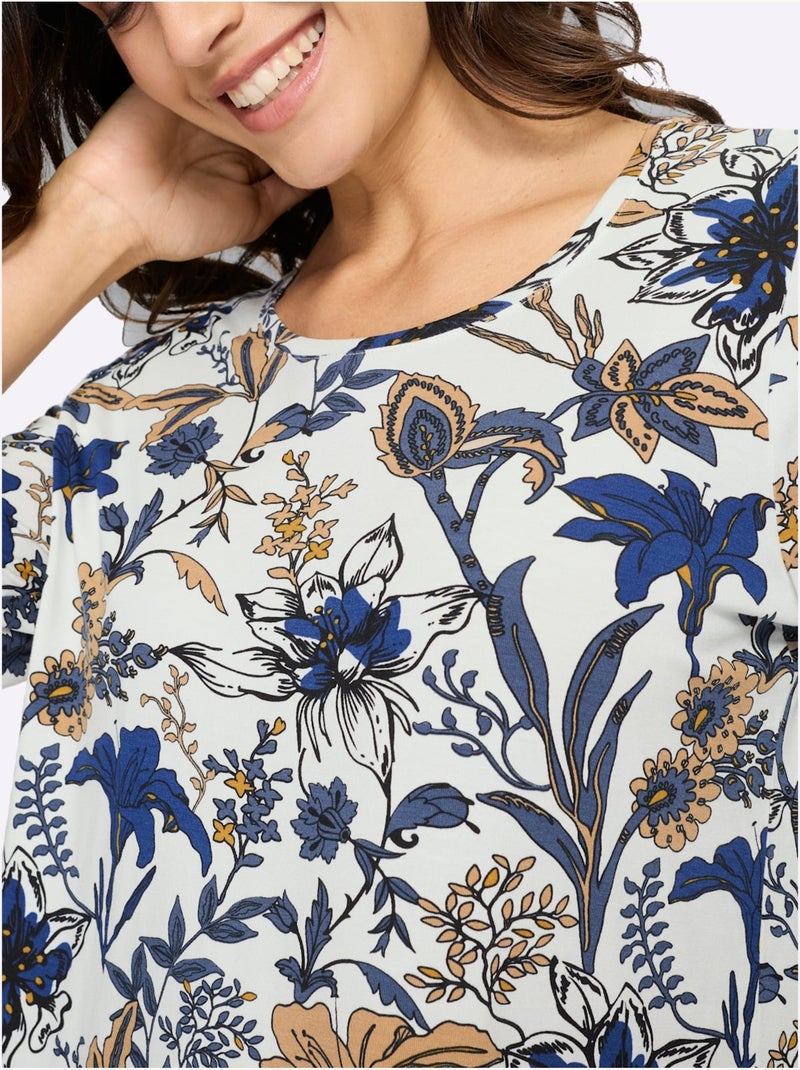 T-shirt Imprimé Motif Floral - Taille Standard - Witt Bleu Ecru - Kiabi