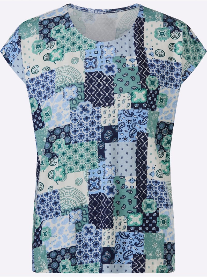 T-shirt Imprimé Motif Patchwork Moderne - Taille Standard - Moda Vilona Beige/Vert - Kiabi