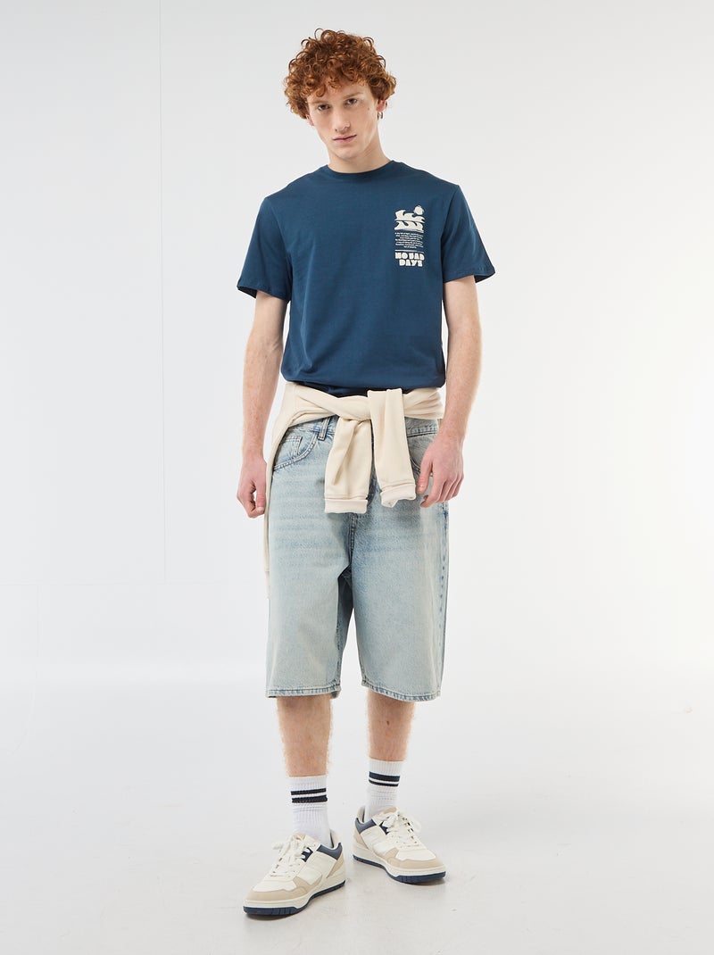 T-shirt imprimé placé en coton uni Bleu - Kiabi