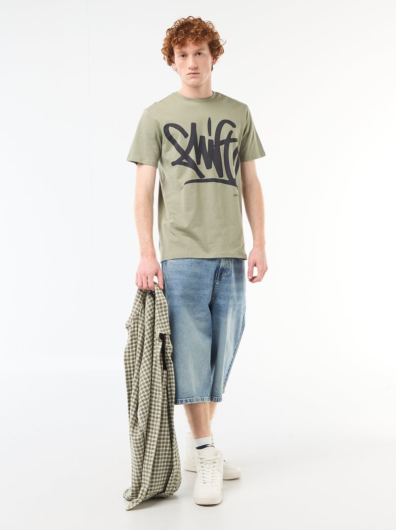 T-shirt imprimé placé en coton uni Vert - Kiabi