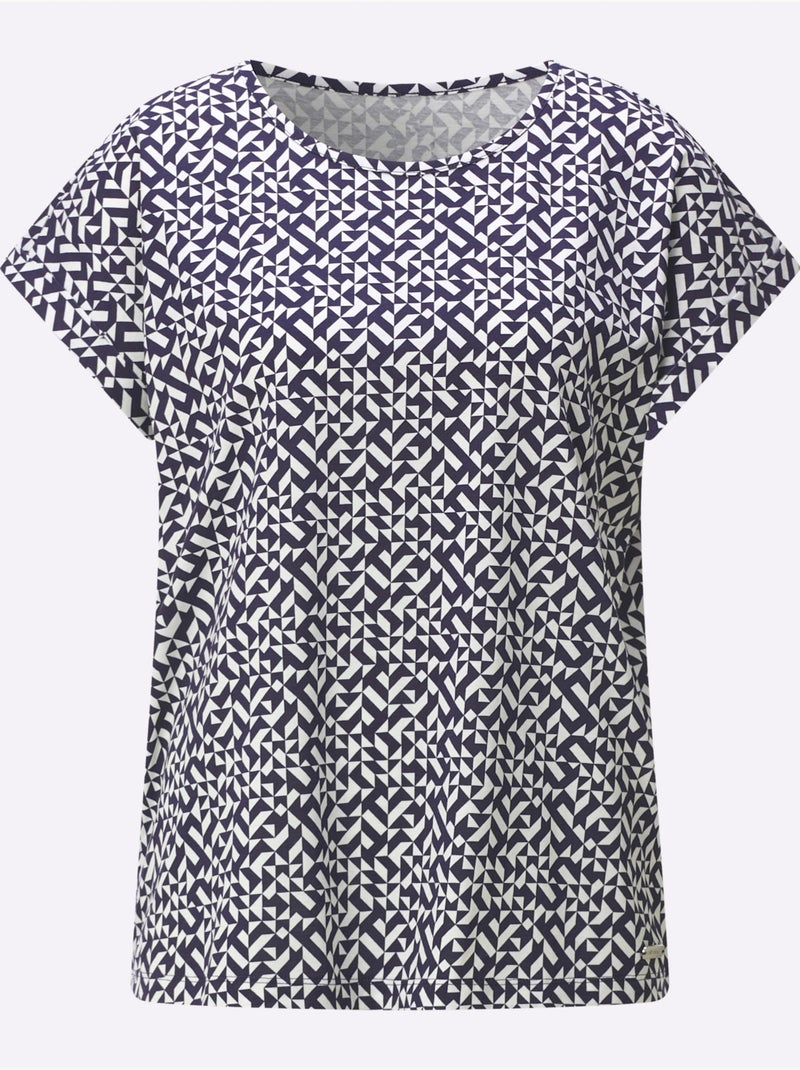 T-shirt Imprimé Pur Coton - Taille Standard - Witt Ecru/Marine - Kiabi