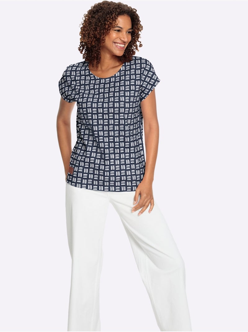 T-shirt Imprimé Pur Coton - Taille Standard - Witt Ecru/Marine - Kiabi