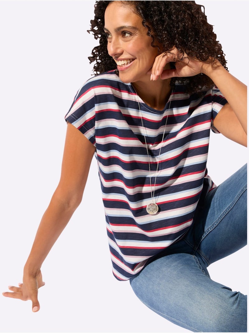 T-shirt Imprimé Pur Coton - Taille Standard - Witt Ecru/Marine - Kiabi