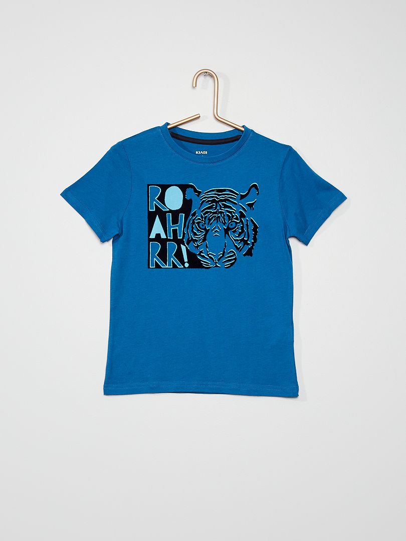 T-shirt imprimé pur coton bleu/tigre - Kiabi
