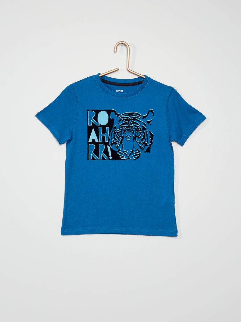 T-shirt imprimé pur coton bleu/tigre - Kiabi