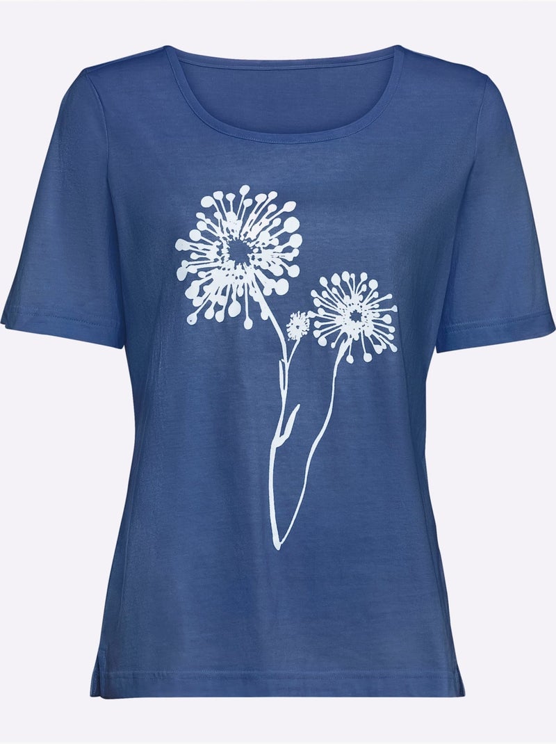 T shirt imprimé pur coton col rond et manches courtes pissenlits - taille standard - witt Bleu jean - Kiabi