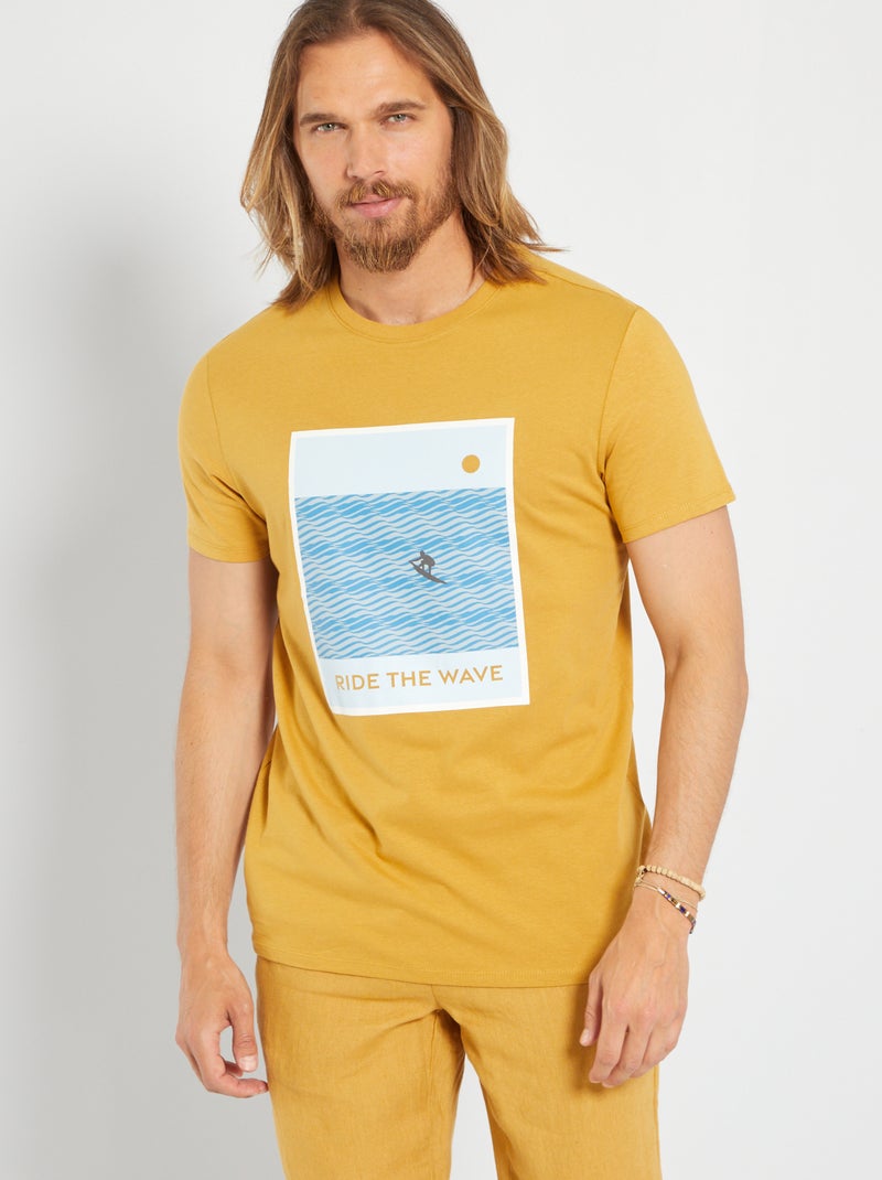 T-shirt imprimé pur coton Jaune 'wave' - Kiabi